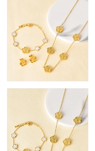 Detailed macro view of the gold-plated floral jewelry set with white shell inlay