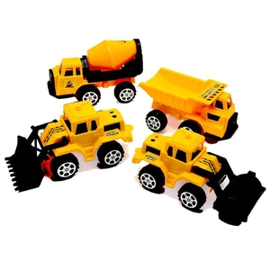 Set of 4 yellow construction toy trucks including bulldozer and cement mixer for kids