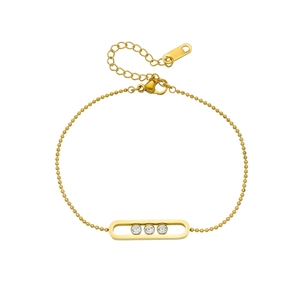 Gold-plated stainless steel bead chain bracelet featuring a triple-stone bar pendant