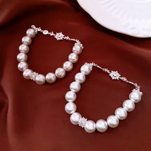 Artificial Pearl Beaded Bracelet With Zircon Flower Charm French Retro Elegant Jewelry For Women Wedding Bridal Gift Bangle