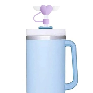 Blue insulated tumbler with purple heart and white wing silicone 10mm straw cover topper