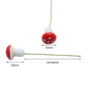 Detailed size chart of red miniature foam mushrooms with flexible green wire stems