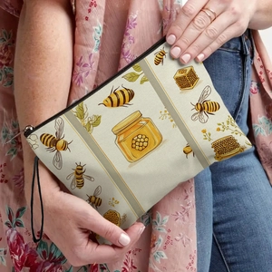Bee Floral Print Cosmetic Bag Fine Linen Zipper Makeup Pouch With Hand Strap Portable Travel Storage For Women