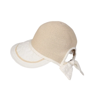 Breathable beige woven sun hat with cream fabric patchwork and back bow decoration