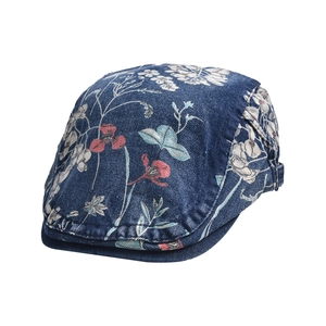 Vintage floral pattern washed denim newsboy cap with classic retro beret silhouette