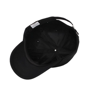 Black cotton baseball cap with embroidered B, view of interior lining and metal buckle