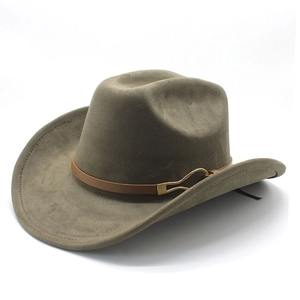 Close-up of olive green wool felt cowboy hat with brown leather band and golden buckle