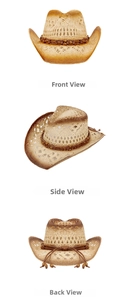 Front, side, and back views of a hollow woven cowboy straw hat with beaded leather band