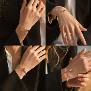 18K Gold Plated Brass Cuff Bangle Bracelet For Women Minimalist Snake Knot Leaf Geometric Inlaid Zirconia Jewelry Fashion Accessorie