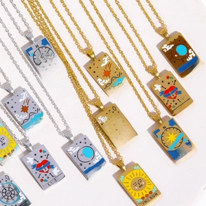 Tarot Card Necklace Stainless Steel 18K Gold Plated Vintage Rectangular Pendant Sun Moon Star Enamel Jewelry For Women