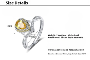 Detailed view of teardrop ring with yellow zircon, 2.4g weight, and adjustable size