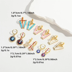 Evil eye and geometric enamel drop earrings in gold plating with dimensions and weights