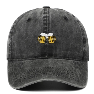 Dark grey washed cotton baseball cap featuring embroidered beer mugs toasting design