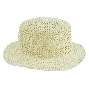 Detailed view of the hollow weave texture on this beige straw panama sun hat