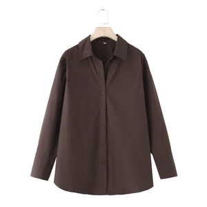 Deep brown long sleeve poplin shirt with V-neck and collar on wooden hanger