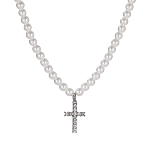 Elegant pearl necklace with silver cross pendant inlaid with sparkling crystals on white base