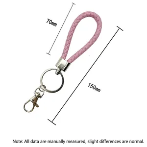 Pink braided leather keychain with silver metal ring and clasp, 150mm total length