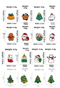 Detailed grid showing dimensions and weights for various Christmas enamel lapel pins