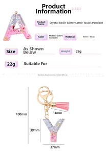 Detailed size specifications for glitter resin alphabet keychain with pink tassels