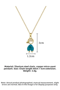 Detailed view of titanium steel necklace with blue heart pendant and dimensions