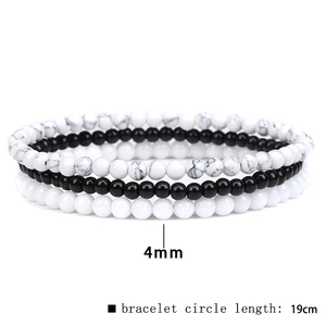 Three-piece set of 4mm natural stone bracelets in white and black marble finish