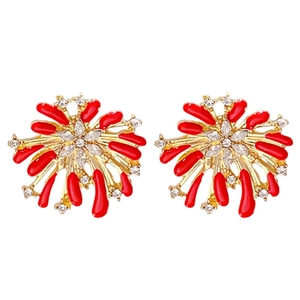 Elegant gold-tone fireworks earrings with red petals and sparkling crystal stones