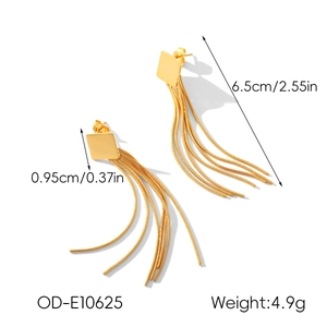 Detailed view of 6.5cm gold stainless steel tassel earrings with size dimensions