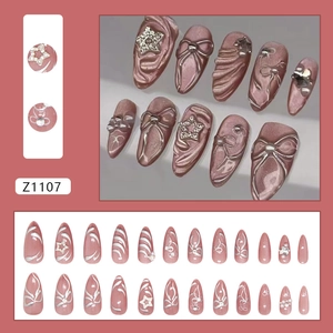Lot de 24 faux ongles œil de chat avec nœuds argentés, étoiles et perles