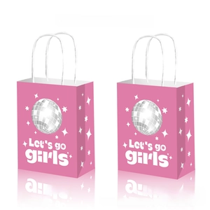 Double-sided pink disco cowgirl gift bag with silver disco ball and stars patterns