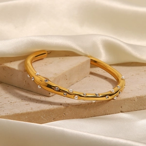 Bracelet jonc ouvert en acier inoxydable doré 18K avec perles et zircons