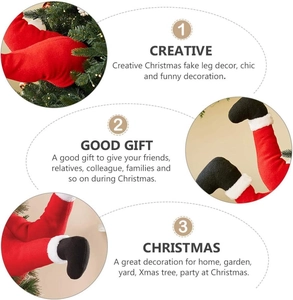 Detail showing plush Santa Claus and elf legs for creative Christmas tree decoration