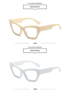 Side view detail of beige and white cat eye sunglasses with lightweight plastic frames