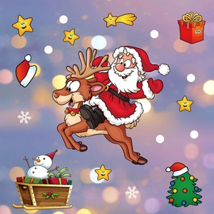 Cartoon Santa Claus on reindeer with snowman and gift box Christmas window stickers