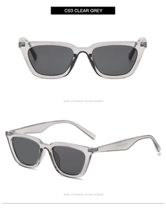 Front and 45-degree side view of vintage cat-eye clear grey sunglasses with plastic frame