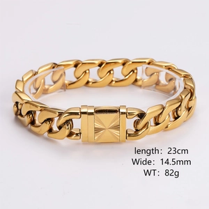 Detail of 14.5mm gold Cuban link bracelet showing square clasp and 23cm length specs