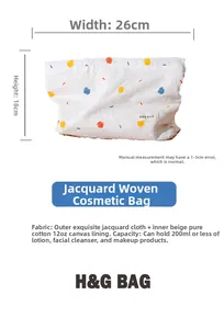 Detailed size chart for floral jacquard cosmetic bag showing 26x18cm dimensions