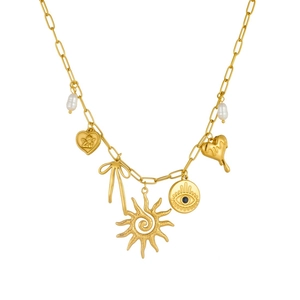 Gold paperclip chain necklace with evil eye, sun, bow and heart charms on white background