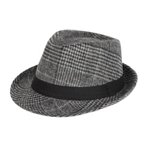 Classic grey glen plaid fedora hat with black grosgrain ribbon for men in winter