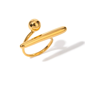 Modern 18k gold plated stainless steel geometric ring with sphere and bar elements