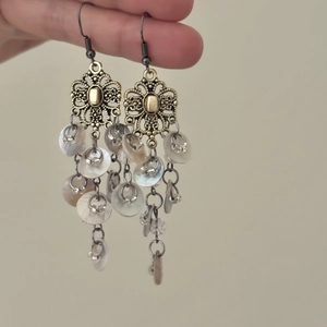 Vintage hollowed shell tassel long earrings with bronze floral design for women
