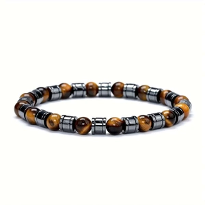 Handmade tiger eye stone beaded bracelet with grey metallic spacers for men