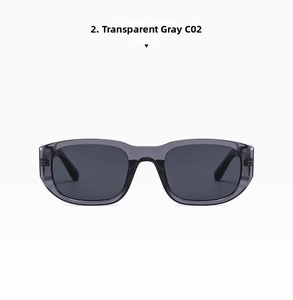Detail view of transparent grey square frame sunglasses with dark grey lenses C02