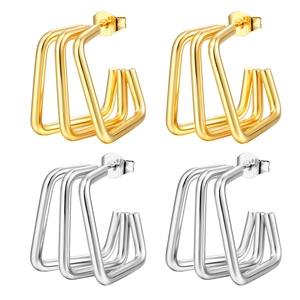 Boucles d'oreilles géométriques carrées triples entrelacées en finitions or et argent
