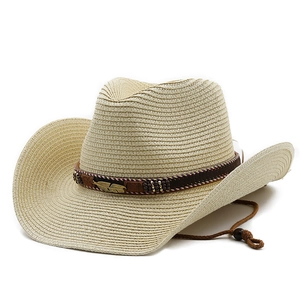 Cappello da cowboy in paglia da donna a tesa larga con fascia marrone e piuma decorativa