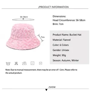 Pink flannel bucket hat with size chart and product specifications for autumn winter