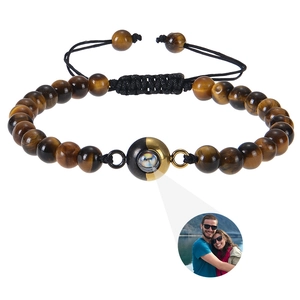Tiger Eye Natural Stone Picture Projection Bracelet Adjustable Braided Rope Jewelry Couples Memorial Gift