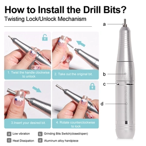 Electric nail drill instructional guide showing the aluminum handpiece and bit installation steps