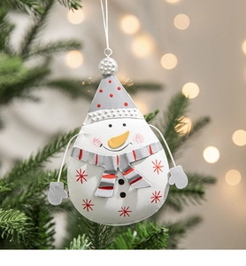 Close-up of painted snowman ornament with scarf hanging on a festive Christmas tree branch