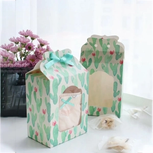 Gift Packaging Box Cardboard With Clear PVC Window And Ribbon Bow For Candy Small Presents Wedding Party Cactus Pattern
