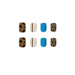 Short square press-on nails with leopard print, cream and blue color blocking patterns